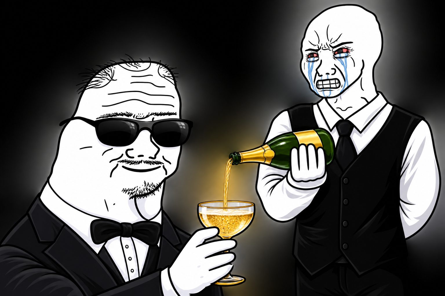 UNC characters celebrating with champagne