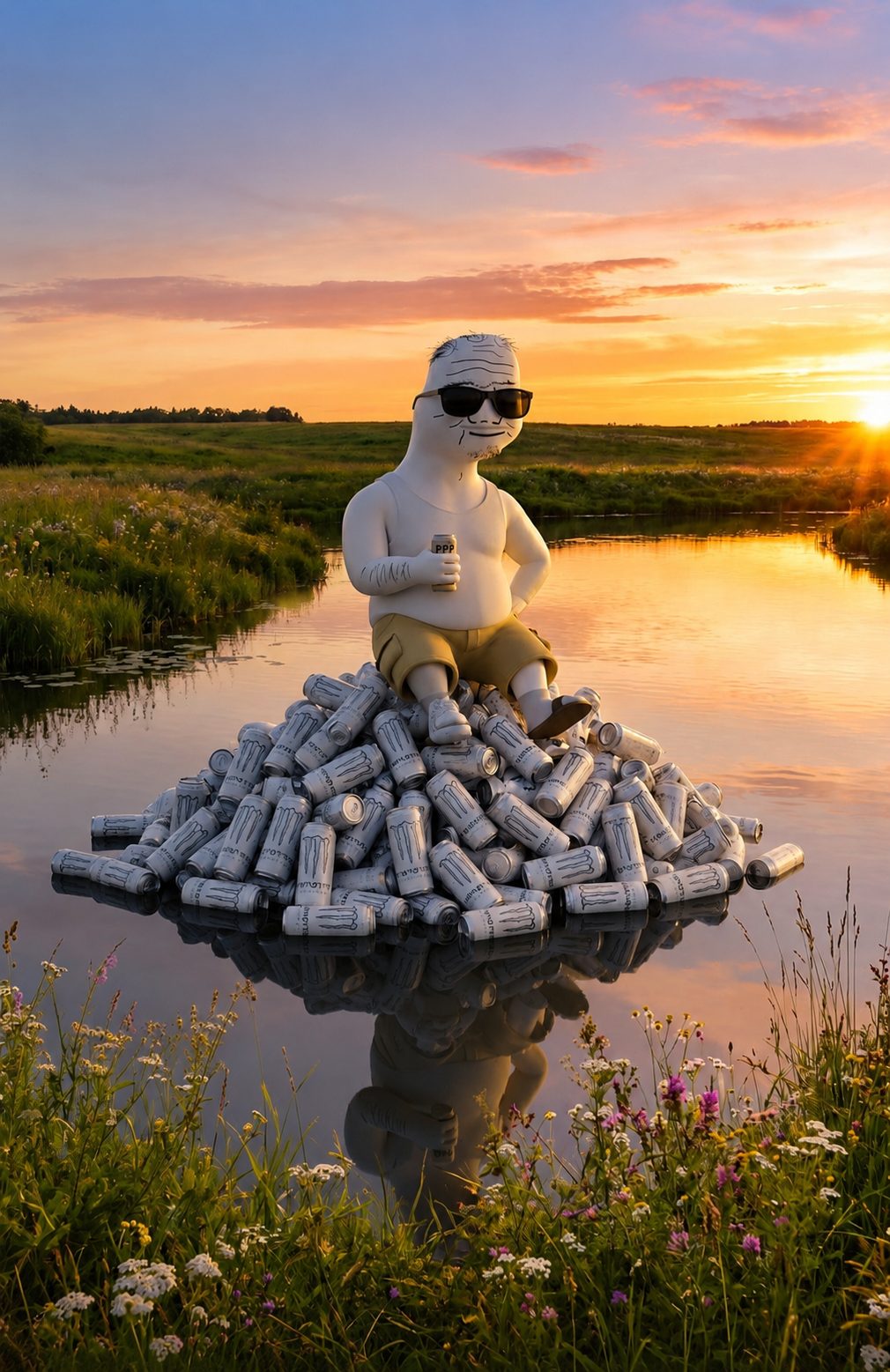 UNC sitting on a mountain of energy drink cans at sunset